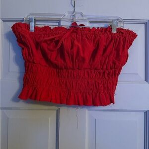 Free People Red Smocked Strapless Crop Top
